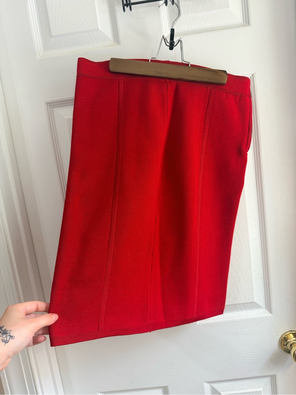 Cache Red Pencil Skirt with Vertical Seams